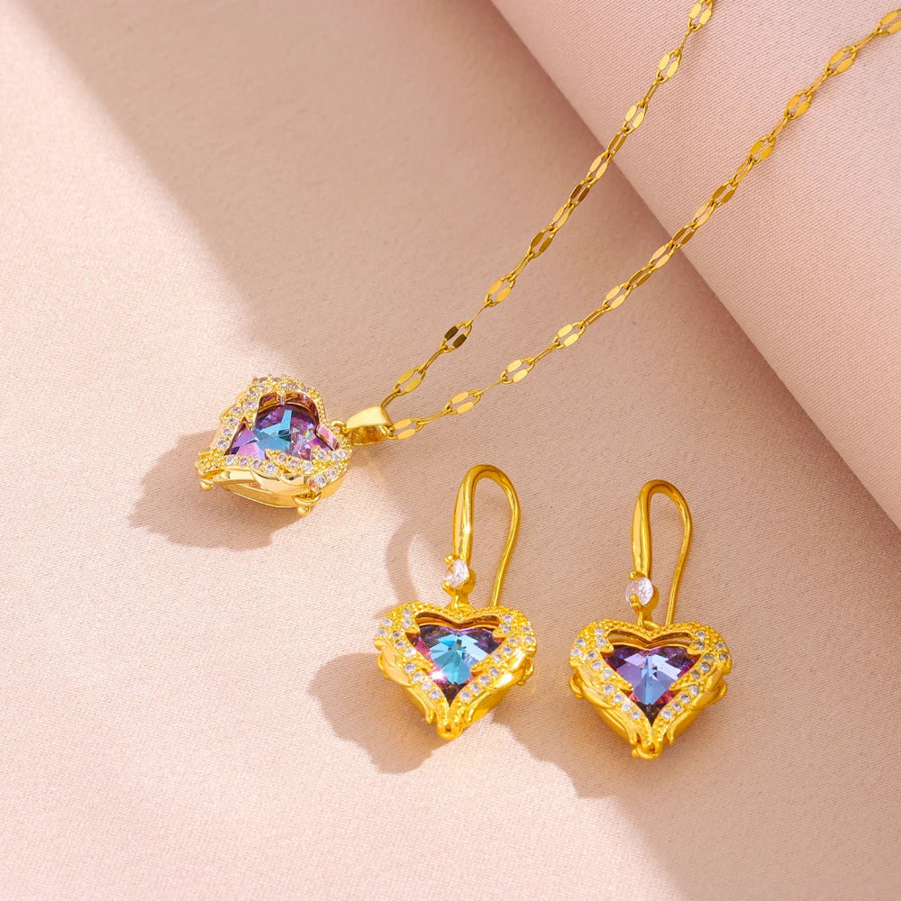 Neptune’s Heart Collection - Colorful Zircon Crystal Ocean Heart Pendant Necklaces, Earrings and Ring Set