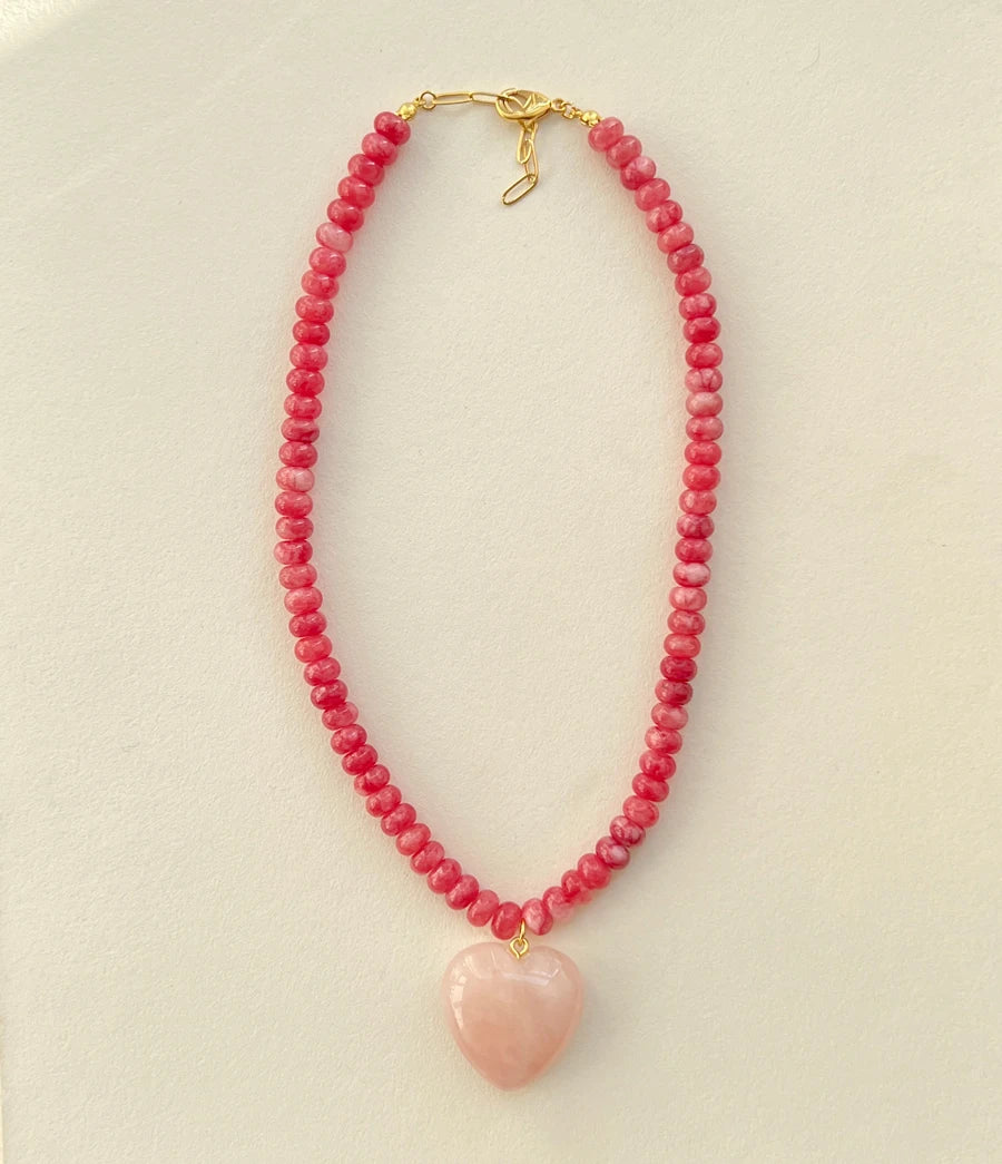 BlushHeart Natural Pink Stone Necklace - 30mm Natural Pink Stone Love Heart Pendant Necklaces