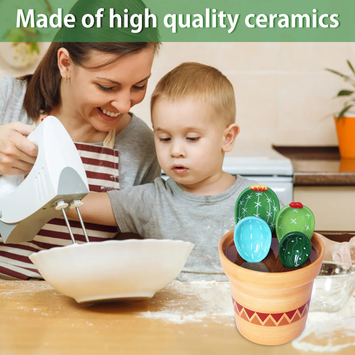 BloomScoop Cactus Porcelain Spoons with Pot Base - 4Pcs Porcelain Measuring Spoons Set with Base Cute Cactus Shape