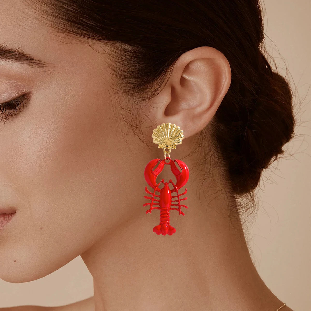 Seaside Lobster Earrings - Red Bake Paint Lobster Shell Dangle Earrings Jewelry Accessories