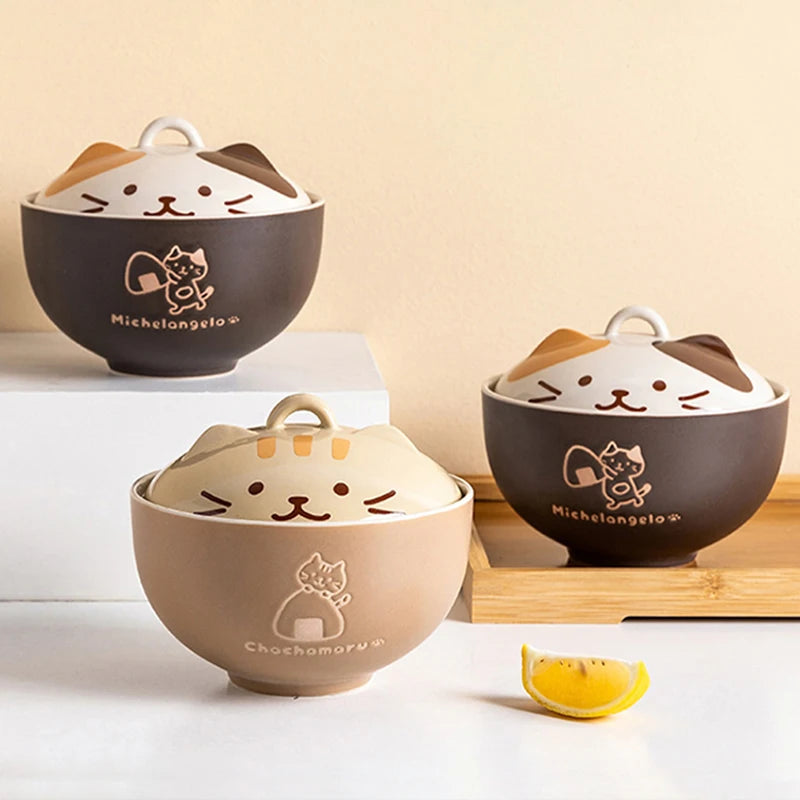 MeowMunch Noodle Bowl - 550ml Cartoon Cat Ceramic Bowl With Lid