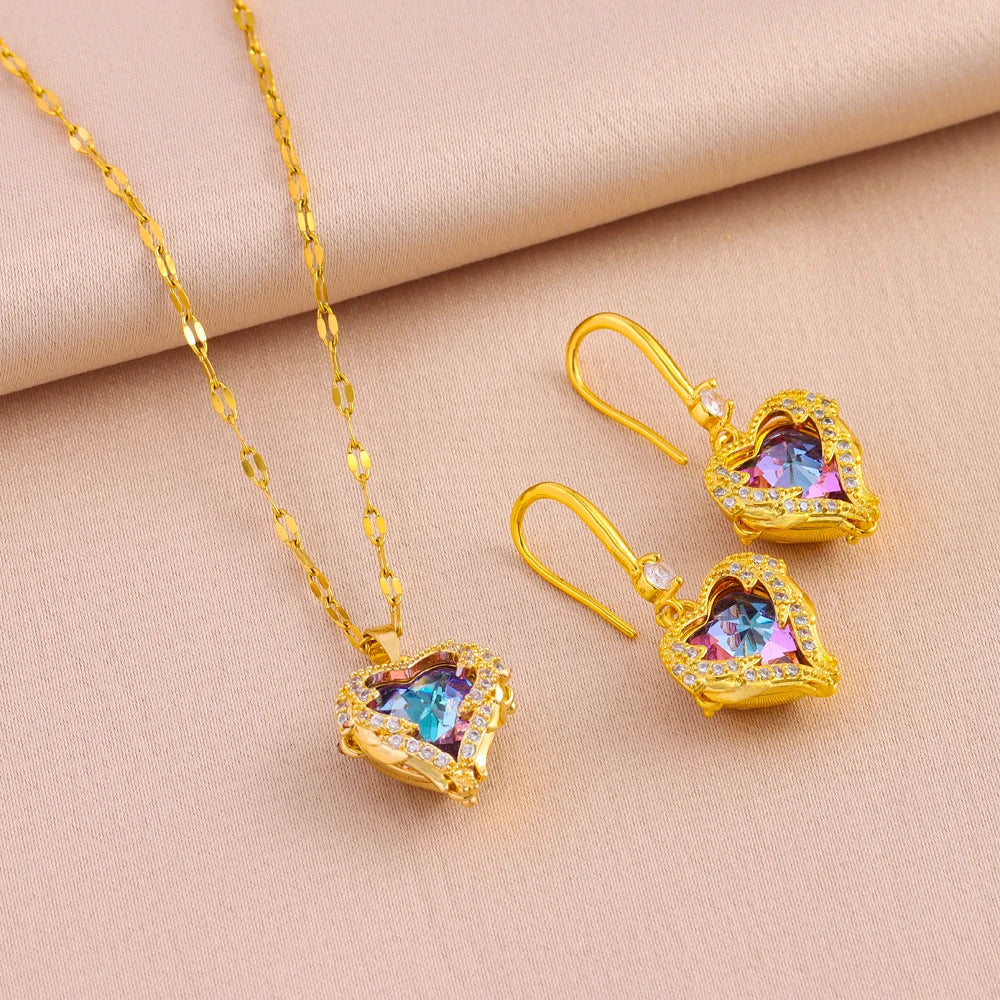 Neptune’s Heart Collection - Colorful Zircon Crystal Ocean Heart Pendant Necklaces, Earrings and Ring Set
