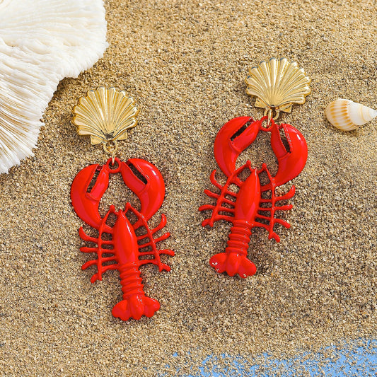 Seaside Lobster Earrings - Red Bake Paint Lobster Shell Dangle Earrings Jewelry Accessories