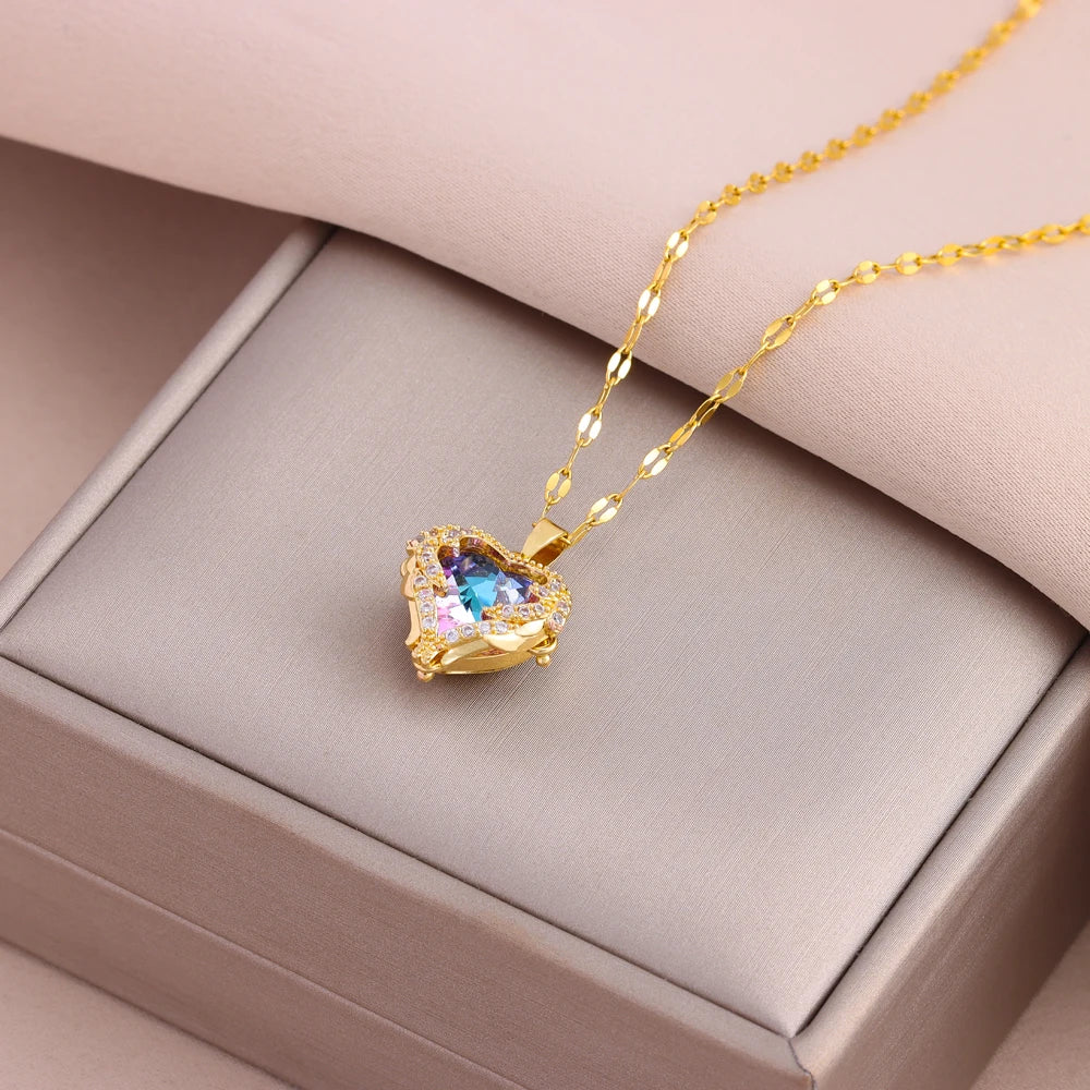 Neptune’s Heart Collection - Colorful Zircon Crystal Ocean Heart Pendant Necklaces, Earrings and Ring Set