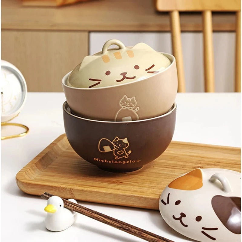 MeowMunch Noodle Bowl - 550ml Cartoon Cat Ceramic Bowl With Lid