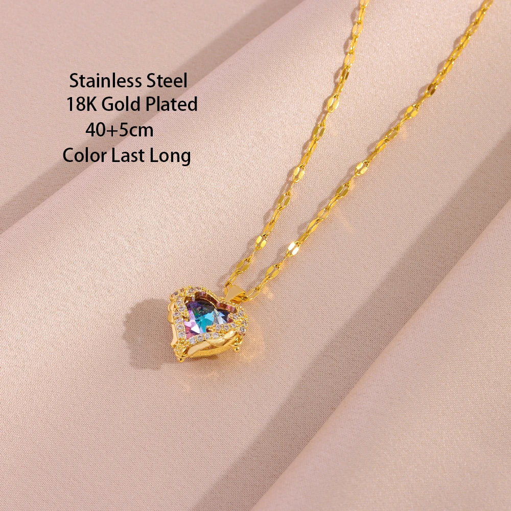 Neptune’s Heart Collection - Colorful Zircon Crystal Ocean Heart Pendant Necklaces, Earrings and Ring Set