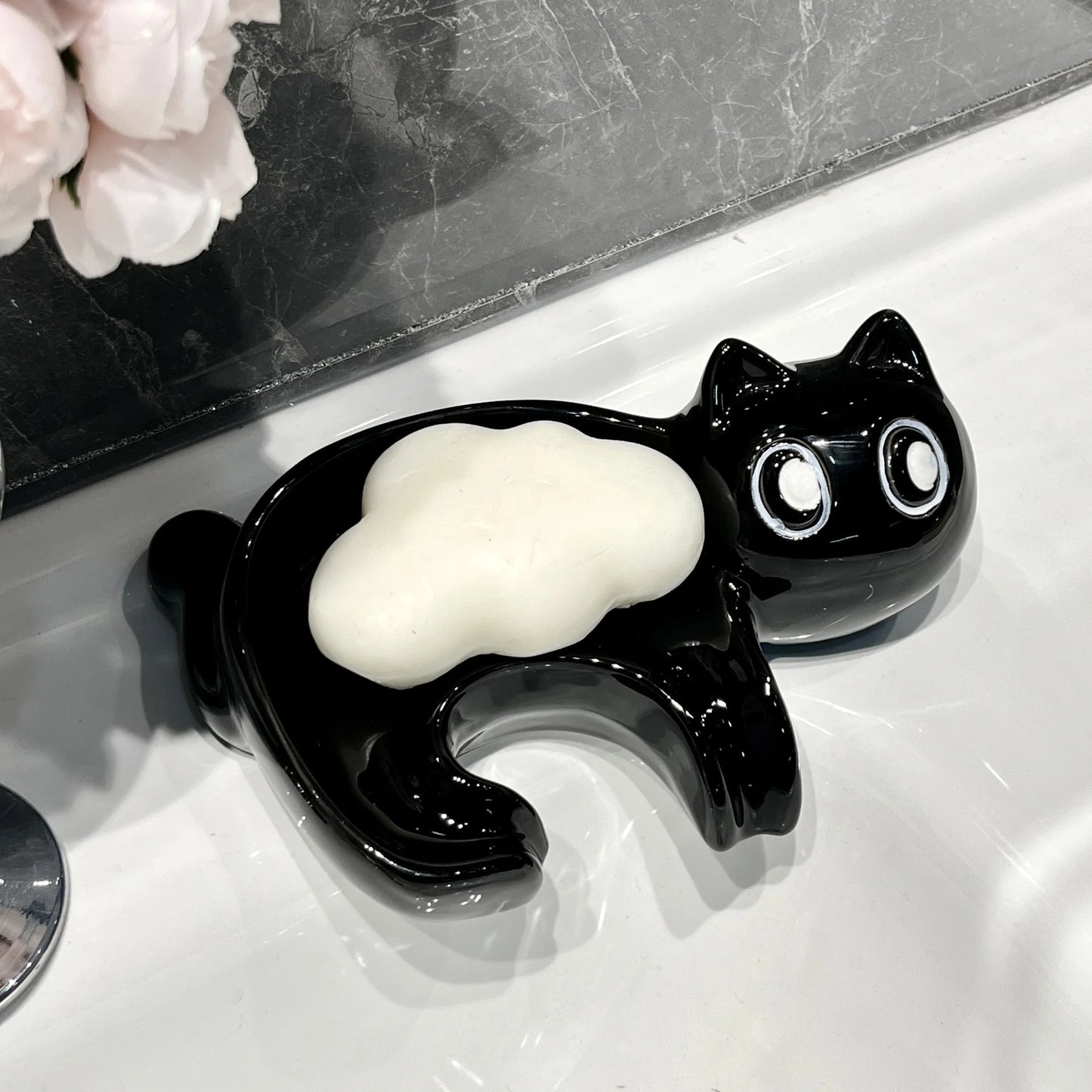 MeowMelt Soap Cradle - Cute Cat Drain Soap Holder Ceramic Soap Dish Home Decor